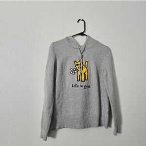 Gray Hoodie Sweater wit h Yellow Cat Graphic - "Life is Good Sz S